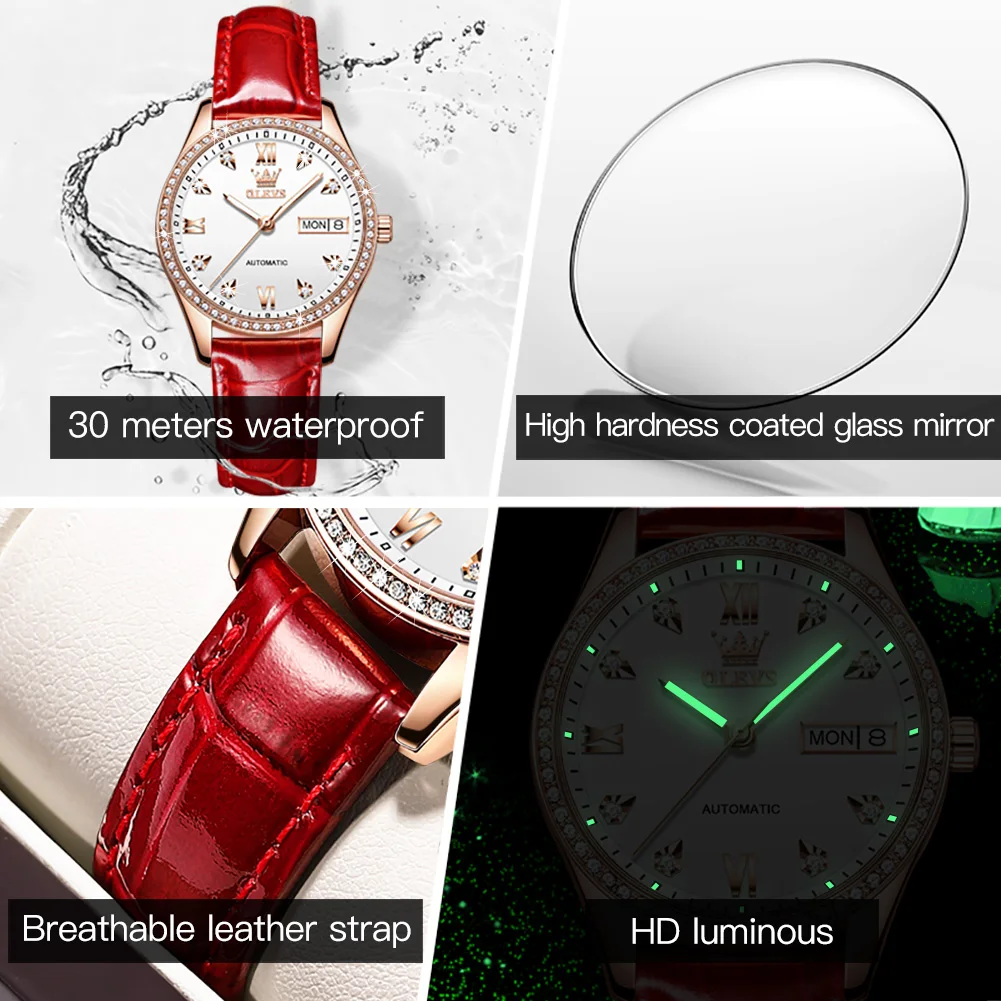 OLEVS Brand Ladies Mechanical Watch Design Leather Watch Women Fashion Luxury Waterproof Shockproof Sports Date Watch Ladies enlarge