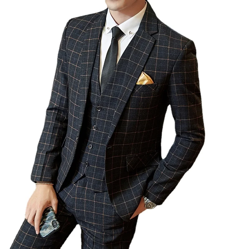 

( Blazer + Vest + Pants ) Groom Wedding Dress Mens Plaid Business Suit 3 Piece Sets Show Party Social Male Stage Slim Suit