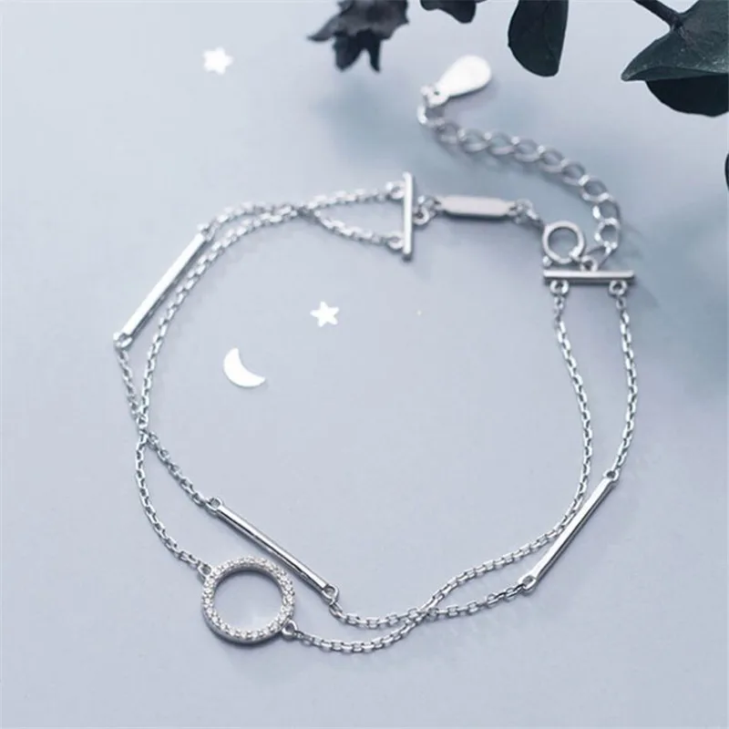 

925 Sterling Silver Double Layer Zircon Circle Charm Bracelet Bangle For Women Girls Party Wedding Jewelry Accessories sl382