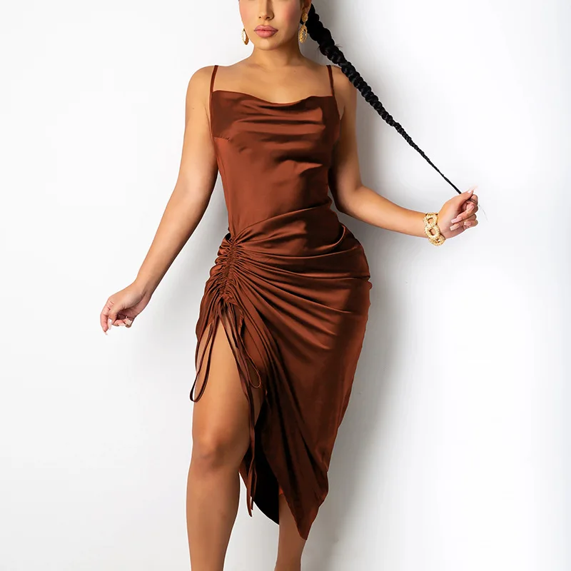 

New Ruched Satin Dress Drawstring Spaghetti Straps Cowl Neck Backless Long Dresses for Women Party Sexy 2021 Summer
