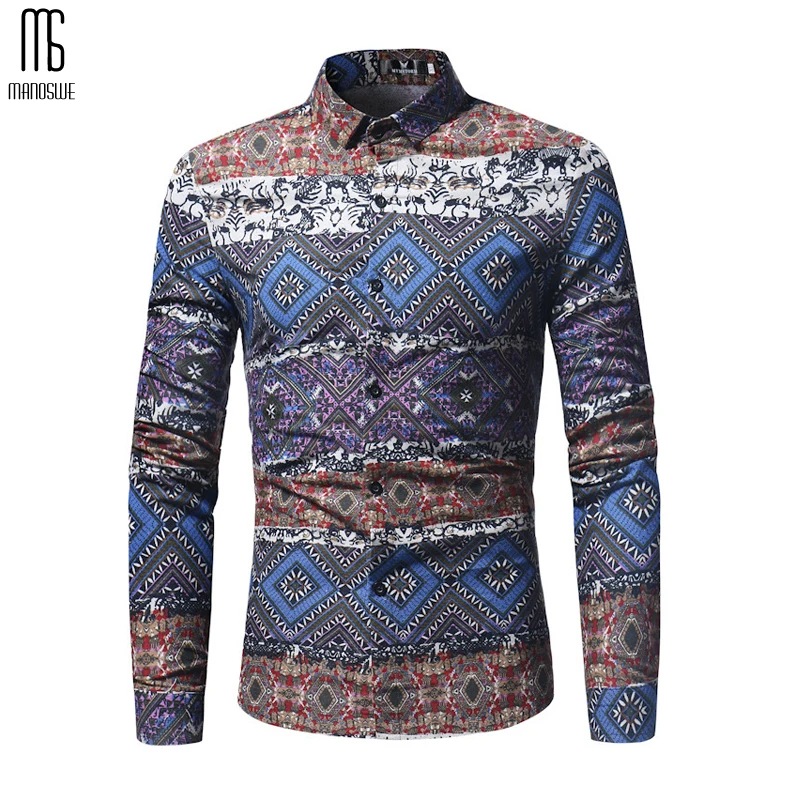 Manoswe мужская рубашка гавайская геометрический принт Повседневная с длинными