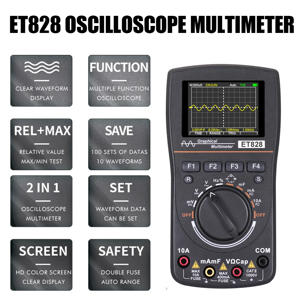 

Multimeters ET828 Oscilloscope Multimeter With Analog Bandwidth 2 In 1 1MHz 2.5MSPS Tester Household Electricity Accessories