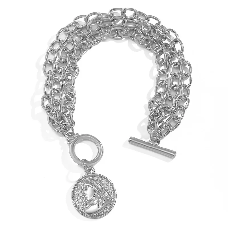 

TIMEONLY Vintage Multi Layered Chunky Cuban Chain Bracelets Coin Portrait Charm Bracelet for Women Ladies Party Gifts Jewelry