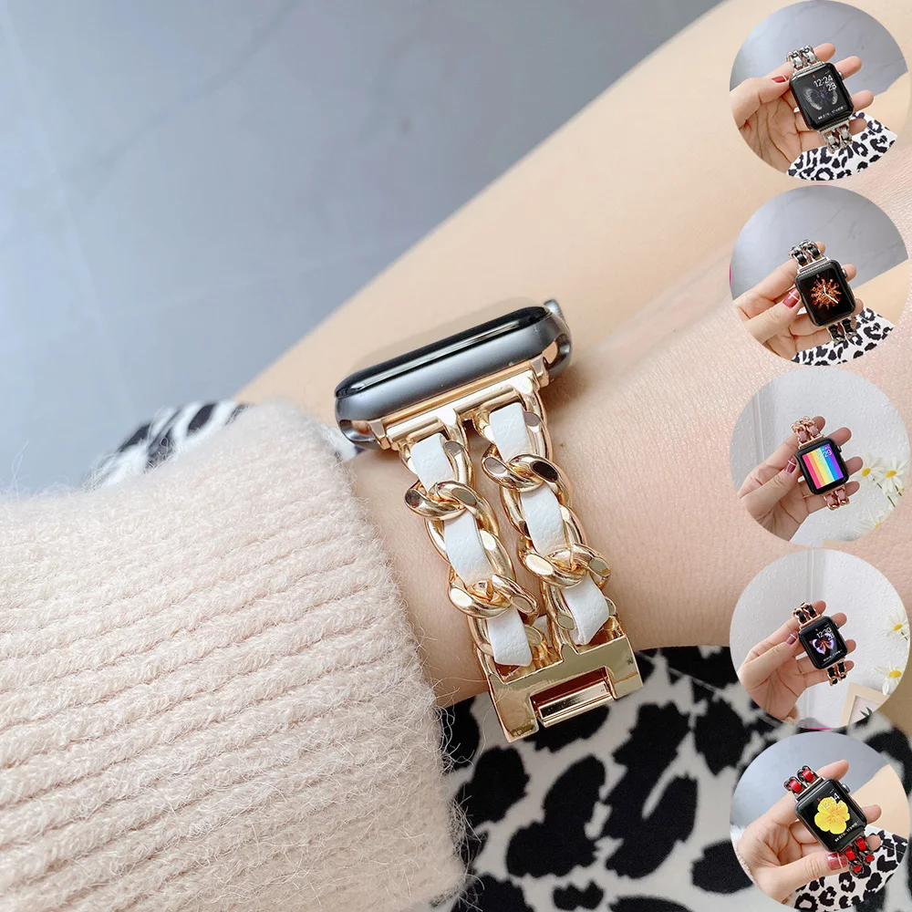 

Stainless Steel Denim Chain Strap for Apple Watch Band 38mm 40mm 42mm 44mm Watchband Bracelet for Iwatch Series 6 5 4 Adjustable