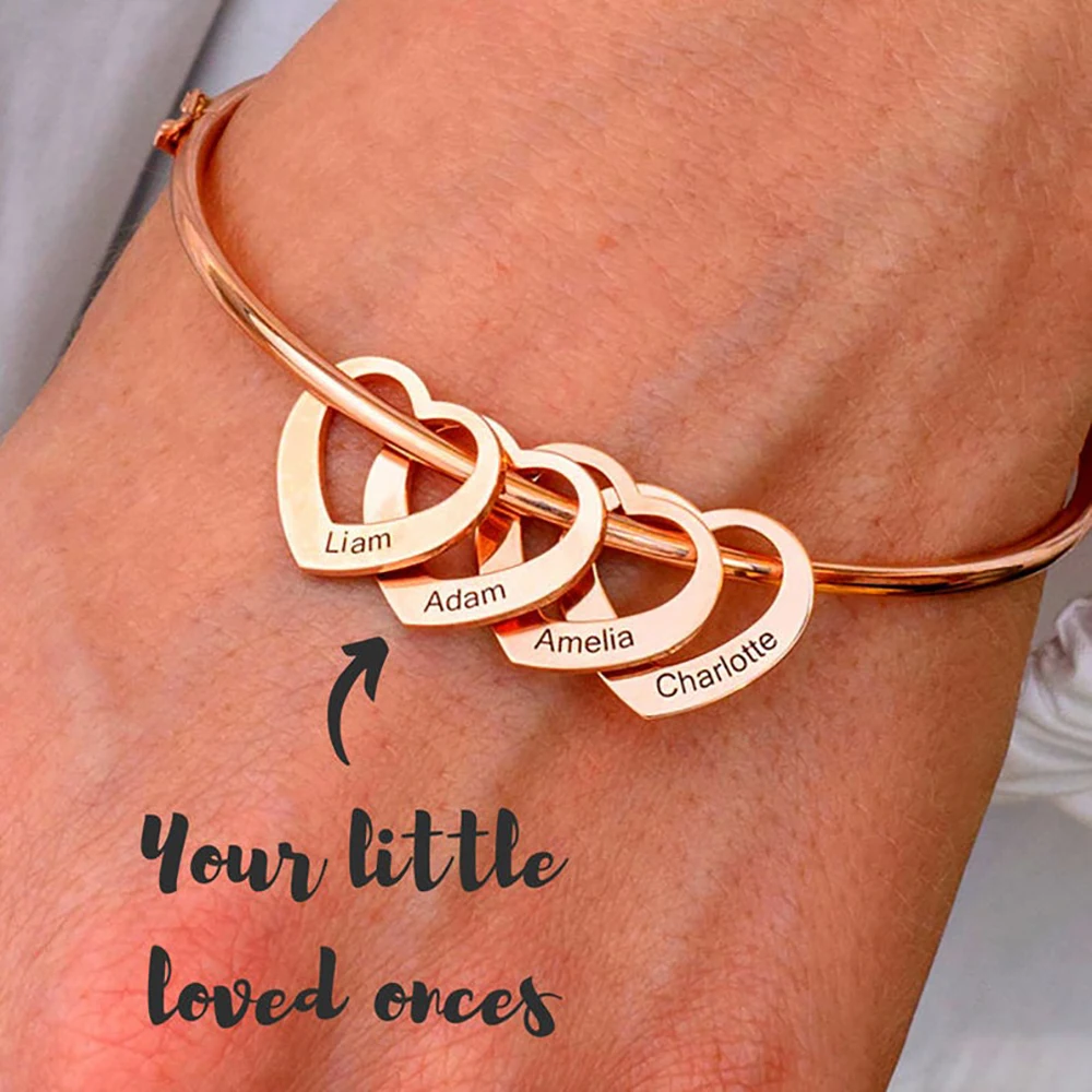 

Mini-World Tiny Multiple Heart Charm Custom Carved 1-5 Name Bangle Stainless Steel Adjustable Bangle Women Jewelry Party Gift