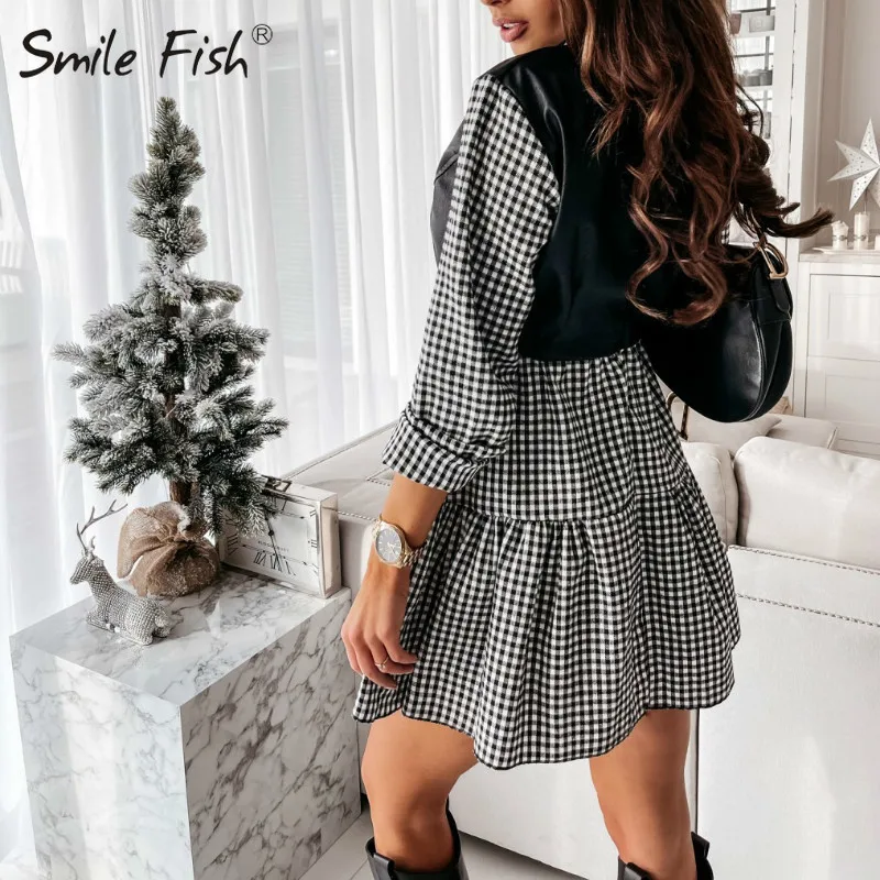 Женское асимметричное клетчатое платье рубашка из ПУ кожи с отложным воротником