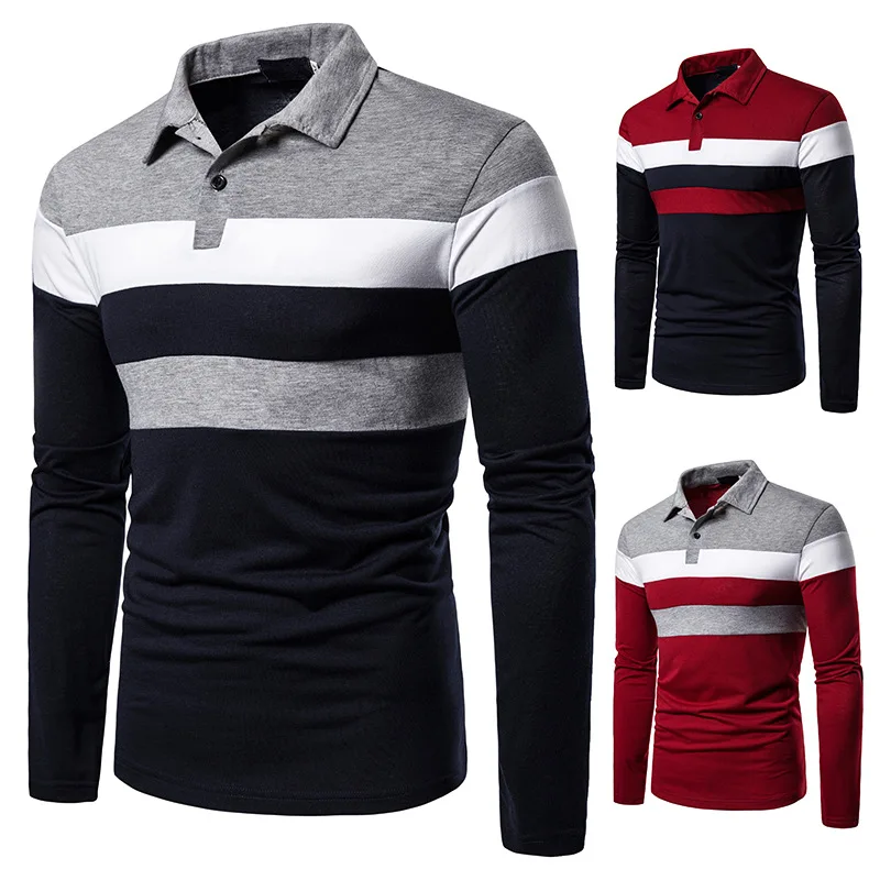 

Mens T shirt Striped Print Causal Spring Long Sleeve Turn Down Polo Shirt Men Clothing