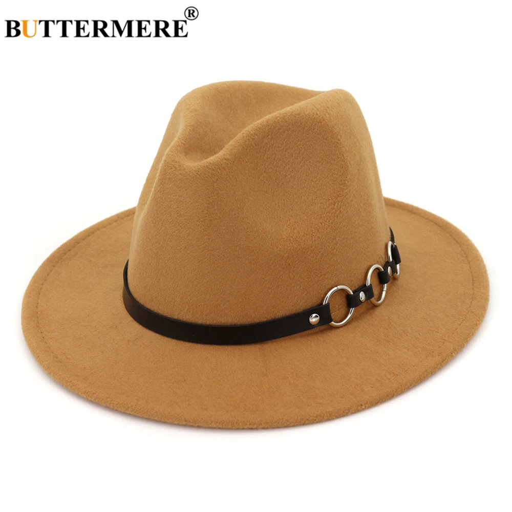 

BUTTERMERE Women Fedoras Camel Tweed Jazz Hat with Chain Belt Ladies Wide Brim Solid Autumn Female Vintage Grey Felt Fedora Hats