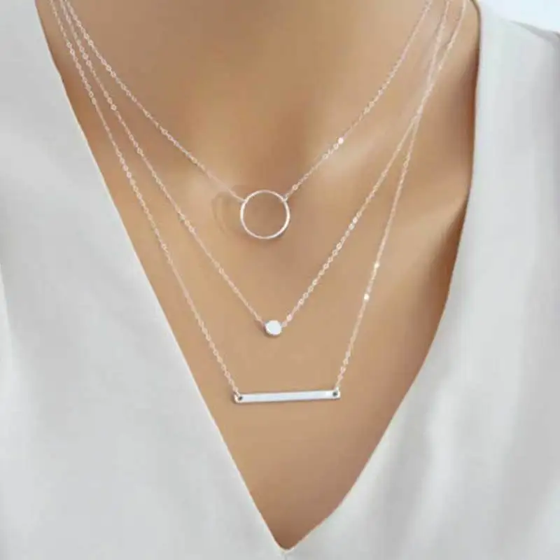 

Bohemian Fashion Pendant Chain Necklace Gold Silver Circle Layered Choker Necklaces for Women Charm Jewelry Gift