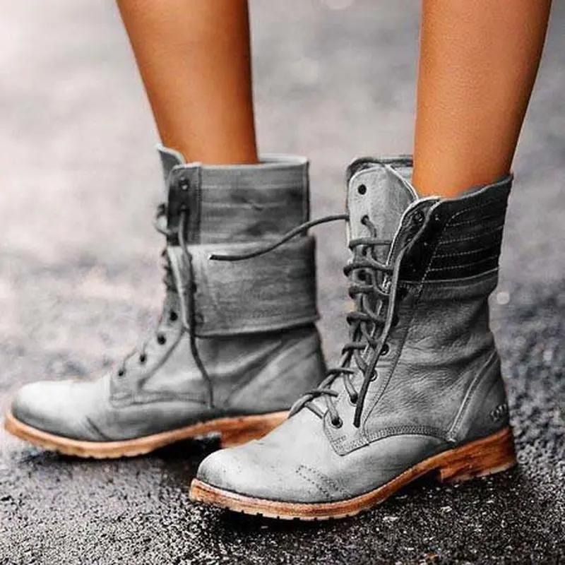 

Women Mid-calf Boots Low Heels Chaussure Vintage PU Leather Gladiator Lace Up Matin Shoes Woman Zapatos Mujer Sapato Botas