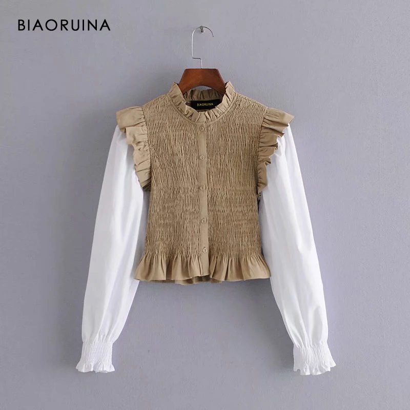

BIAORUINA Women's Golden Pleated Stretch Patchwork White Lantern Sleeve Ruffles Single Breasted Fashion Shirt Blouse Sweet Tops