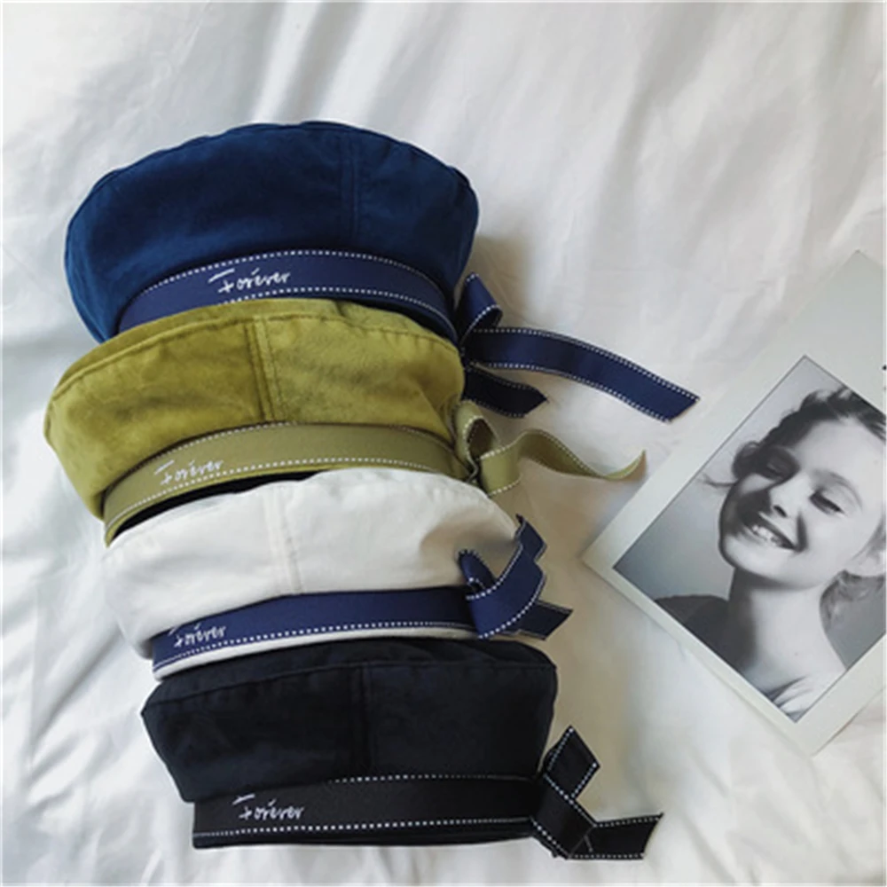 

Sweet and lovely ribbon bow Beret Korean version versatile letter embroidered FLAT TOP NAVY HAT WS-2617