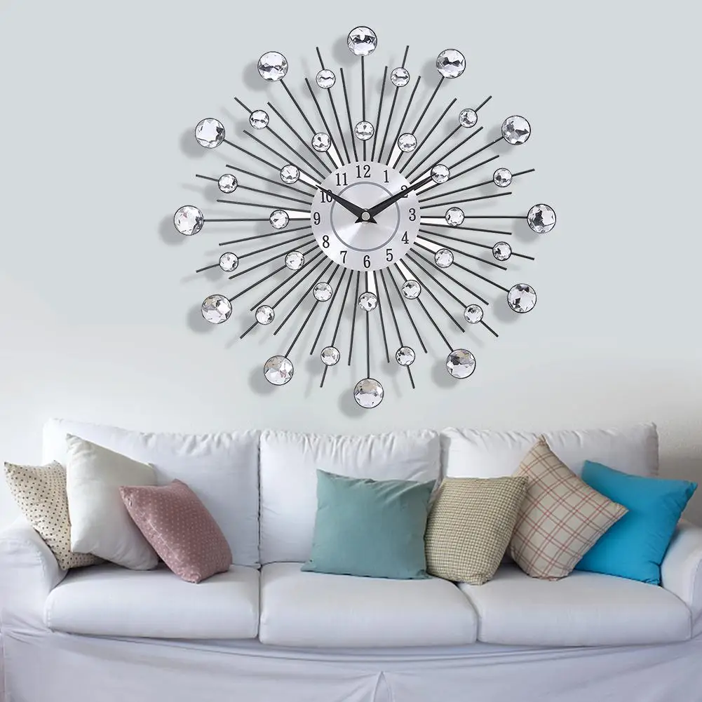 33cm Silver Crystal Diamond Beaded Jewelry Round Sunburst Metal Wall Clock For Household Living Room Bedroom Decoration Ornament