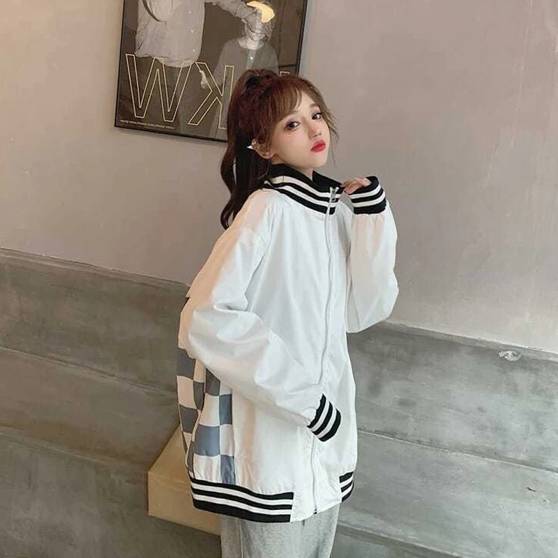 Повседневные клетчатые куртки в стиле Харадзюку с надписью женские корейские
