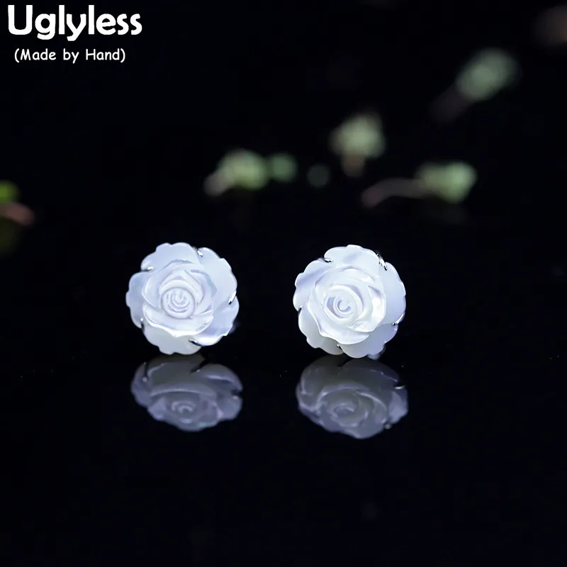 

Uglyless Natural Shell Handmade Carved Flower Rose Earrings for Women 12MM Floral Stud Earrings Real 925 Silver Brincos E1424