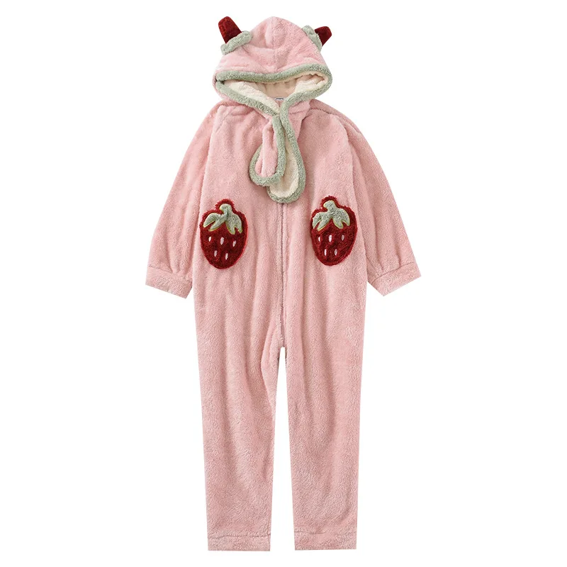 

Women Winter Warm Onepiece Hooded Pajamas Sweet Girls Cosplay Cute Strawberry Sleepwear Long Sleeve Loose Comfortable Nightgown