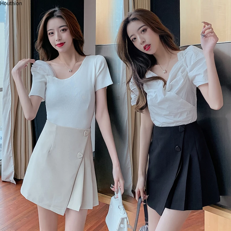 

Houthion Women's Skirts High Waist Two Buttons New Slim Casual Fashion Zipper Solid Color Skirt Summer