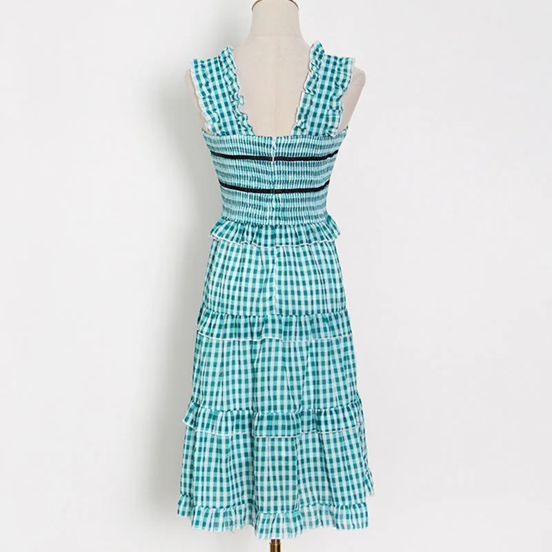 

SeeBeautiful Ruffles Stitching Plaid Loose Dress Square Collar Sleeveless Simple New Fashion Summer 2021 Woman E582