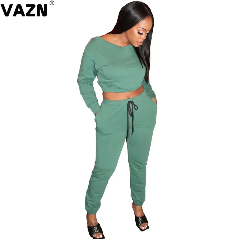 VAZN Solid popular 2020 early autumn sexy lady 3 colors 2-piec elong set full sleeve V-neck tees long pants young casual |