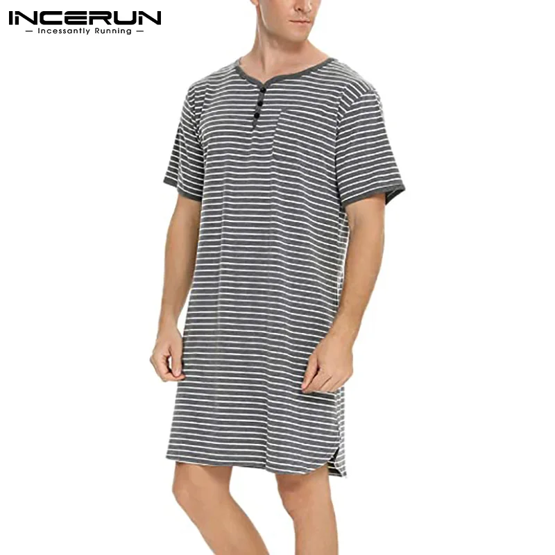 

INCERUN Men Striped Robes V Neck Short Sleeve Homewear Casual Sleepwear Comfortable Soft Summer Nightgown Men Bathrobes S-5XL