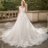 2022 new arrival cap sleeve chapel train embroidery appliques tulle bridal ball gown elegant o neck button back wedding dress