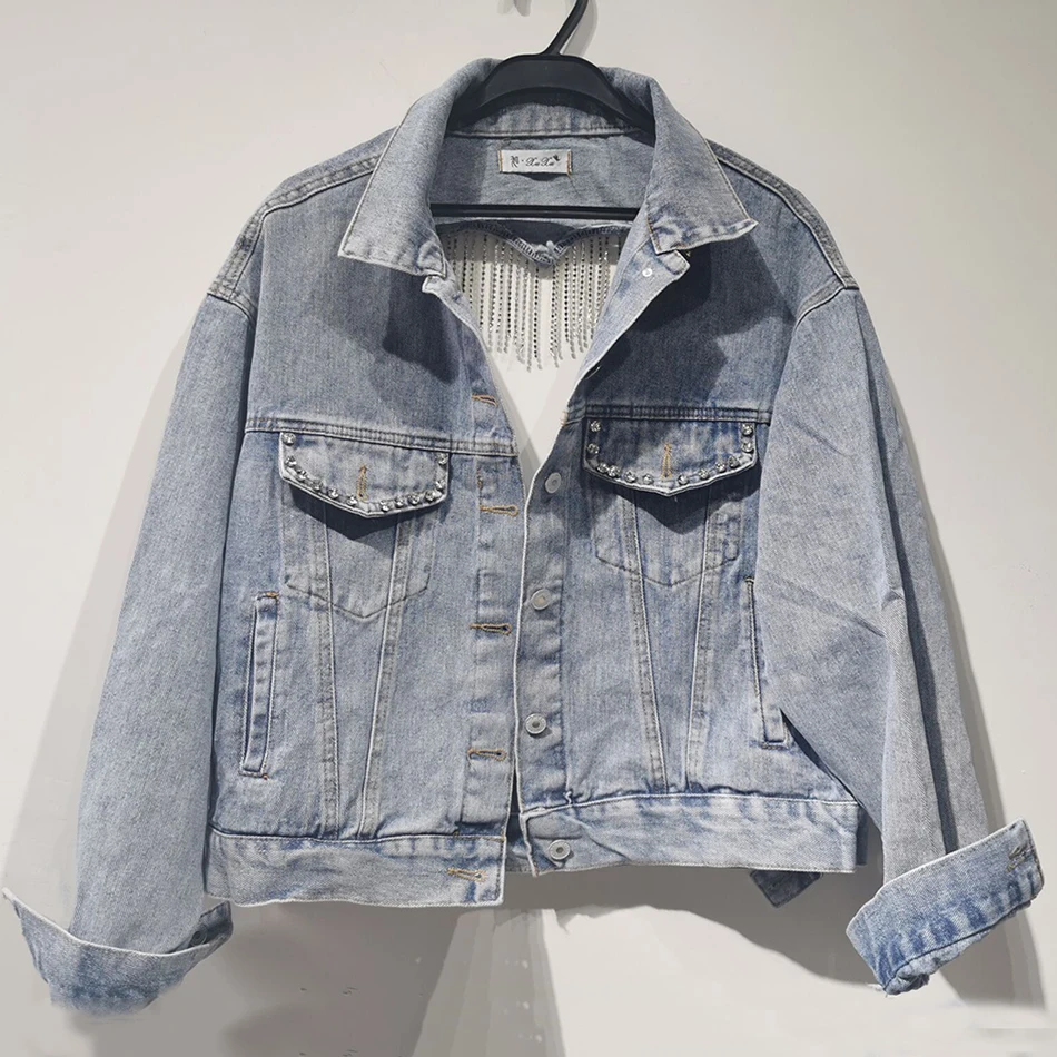 

Denim Jacket Female Light Blue Diamond Tassel Coat Single-Breasted Open Back Women Jeans Coat 2021 Autumn Fashion New Clothing