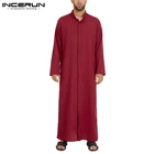 Модная мужская однотонная мусульманская одежда INCERUN Jubba Thobe с длинным рукавом, исламский кафтан, абайя, Дубай, Саудовская Аравия, мужская одежда S-5XL