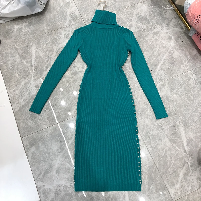 

2021 spring new women's knitted long dress fashion temperament high neck pearl beaded long sleeve knitted dress women