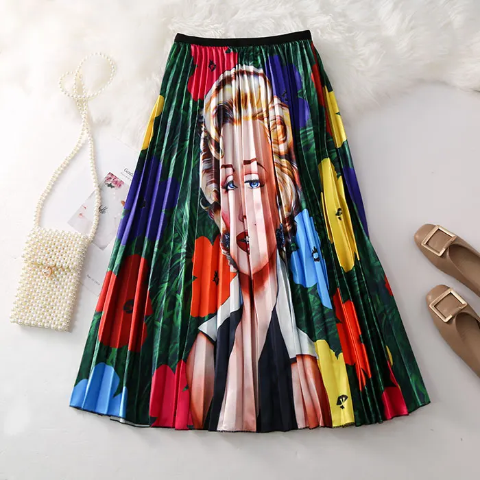 

Saia Midi Saia Longa Polyester England Style Print Midi Skirt Long Summer New Digital Printing High Waist Organ Folds Women