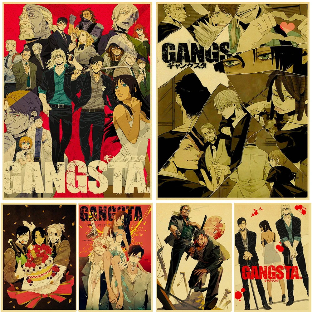 

Купите три и получите один бесплатно, Молодежный постер Gangsta с анимацией крови, крафт-бумага в стиле ретро, украшение для гостиной, спальни, б...