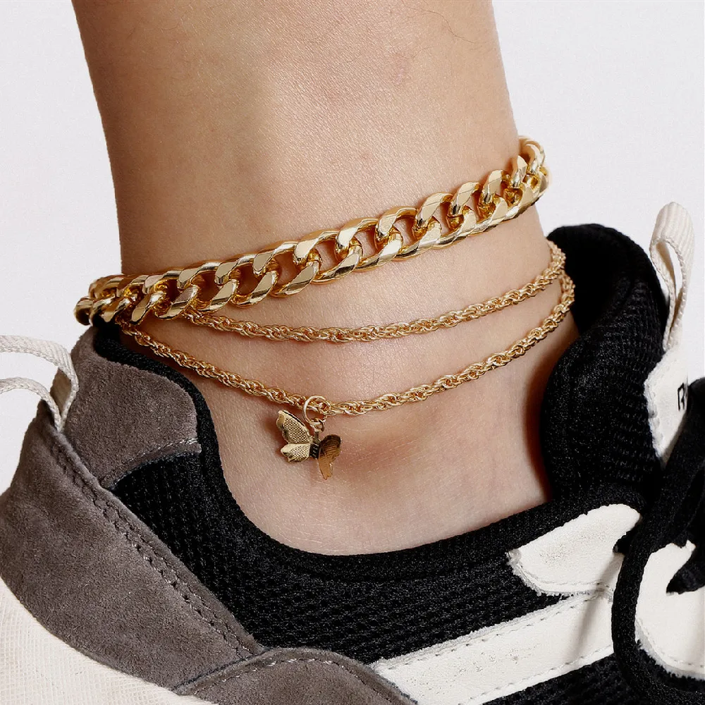 Индивидуальный Золотой кубинский ножной браслет 3 шт./компл. на ногу с бабочкой