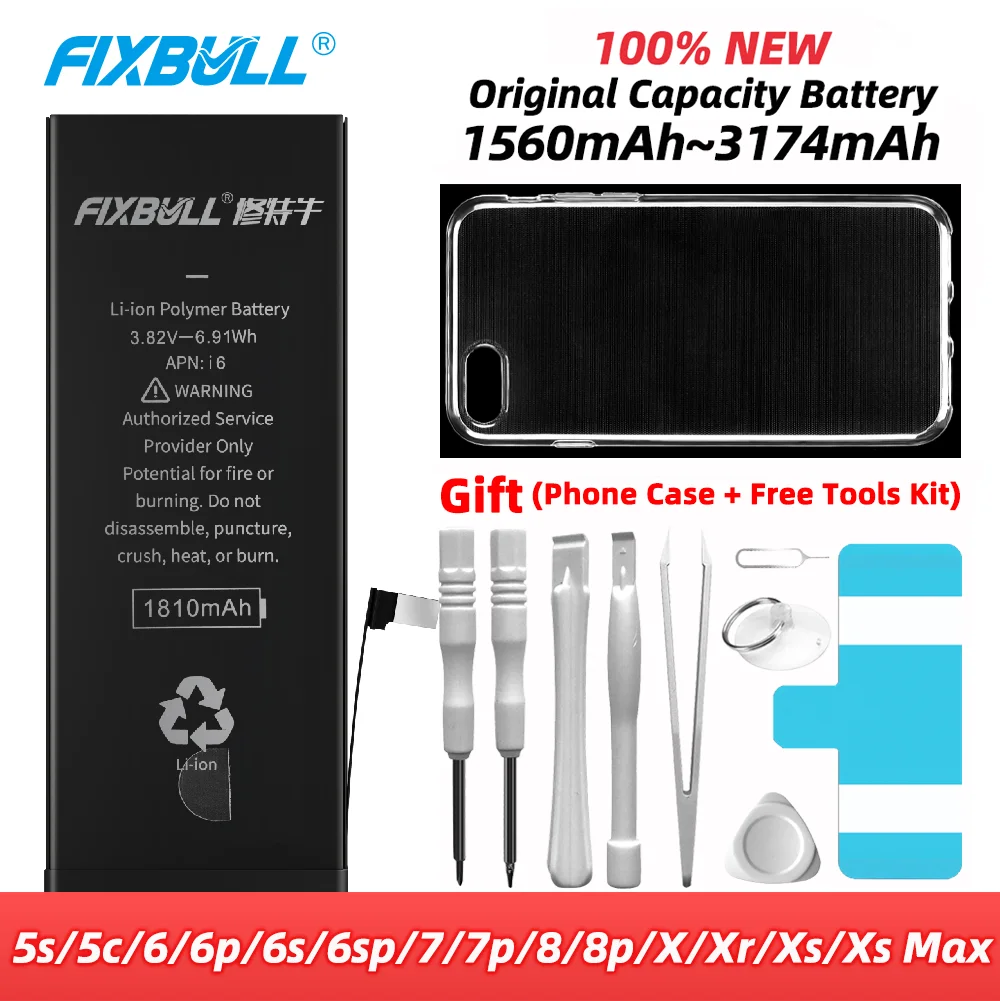 Оригинальный аккумулятор FIXBULL для iPhone 5S 5C 6S 6 7 8 Plus 6s X Xr Xs Max 6plus 7plus 6splus 8plus, Сменный аккумулятор для iPhone6s