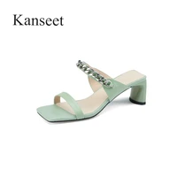 kanseet chain decoration fashion summer new square toe outdoor women slippers genuine leather shoe handmade high heels slippers