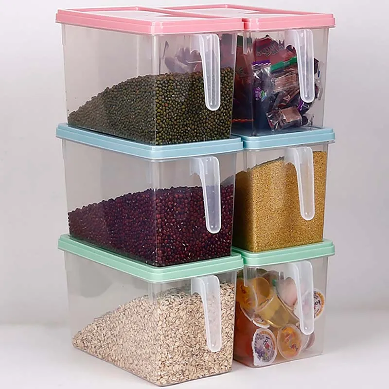 

Non-staple food dry fruit kitchen storage transparent plastic fresh-keeping box, rectangular handle refrigerator storage box