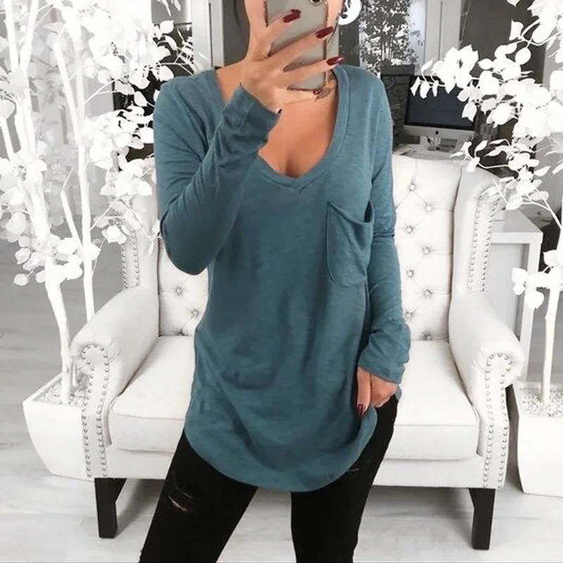 

Pocket Women T shirt 2020 Summer Long Sleeves Tops Tees V-neck Loosen Cotton Women Clothes Comfortable Casual Tshirt