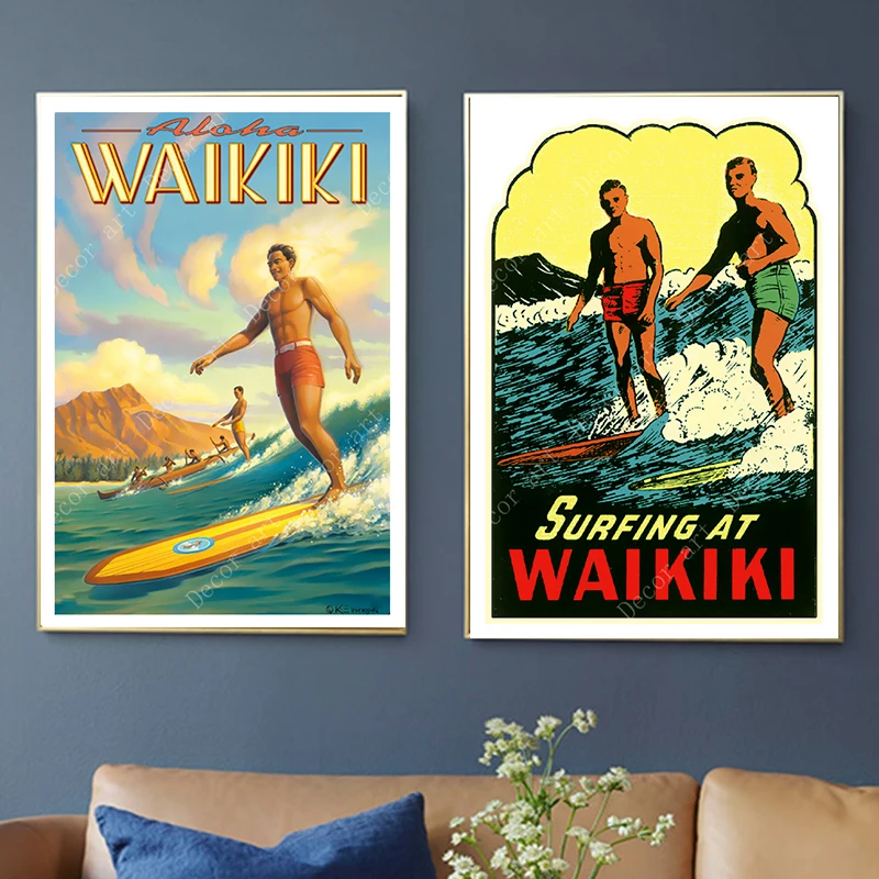 Серфинг в Вайкики Гавайи Америка путешествия холст живопись Винтаж стены крафт