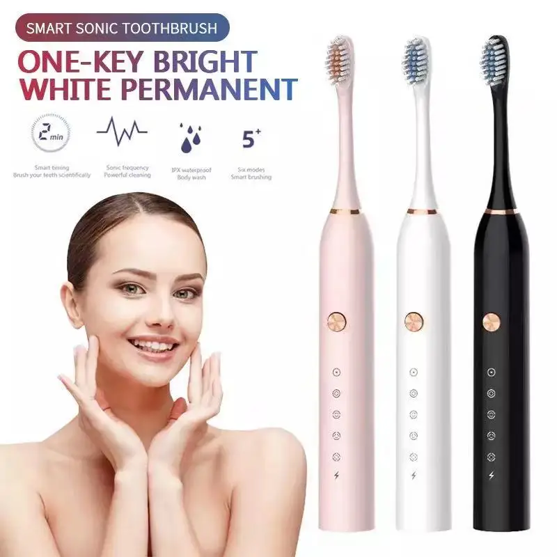 

USB Rechargeable Electric Toothbrush + 6 Brush Heads Sonic 5 Files Household Soft Bristle Waterproof Couples Electric Toothbrush