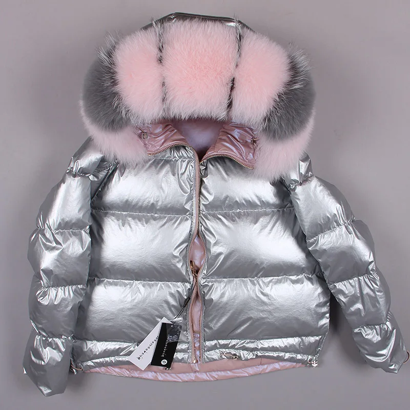 

Natural Fox Fur Collar Loose Short Down Coat Sliver White Duck Winter Jacke T Park
