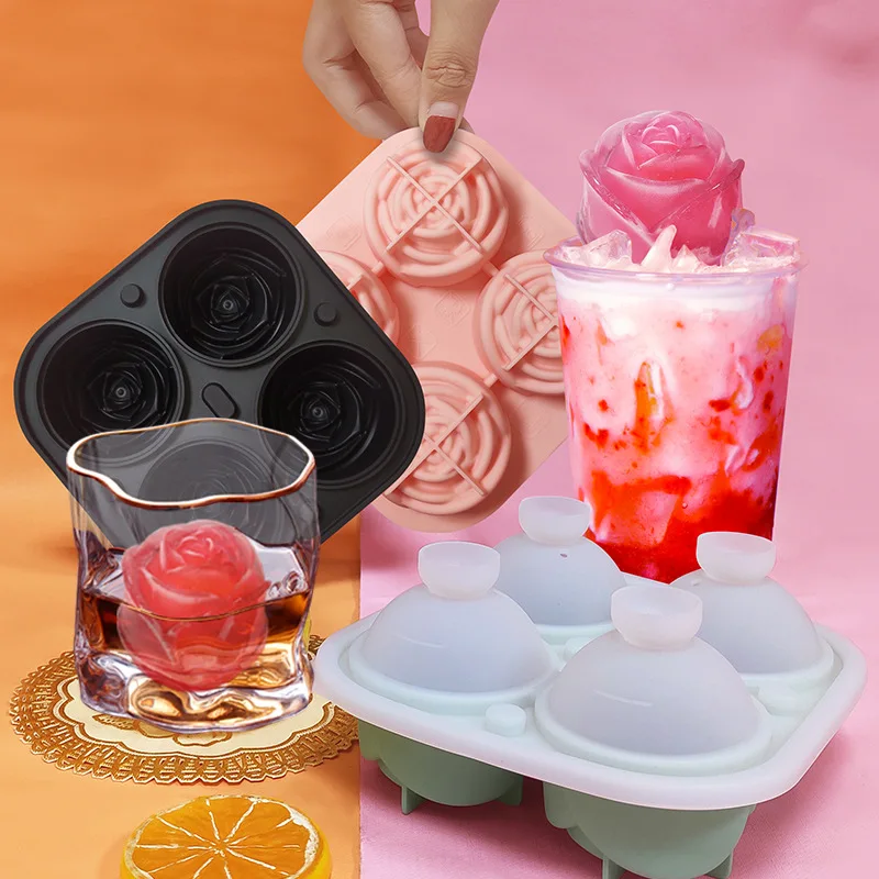 

Silicone Ice Cubes Tray Stencils 4 Cavity Easy Release Ice Stencils Ice Rose Shape Maker For Drinks Ice Cream Tools Kitchen Tool