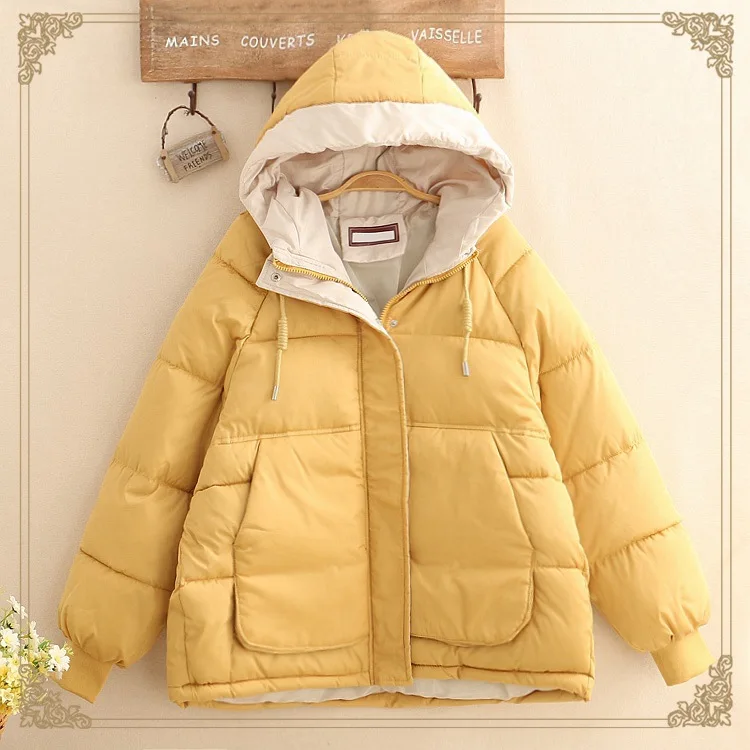 

2019 new autumn/winter schoolgirl winter coat thick hooded cotton-padded jacket female loose double pocket keep warm clothes
