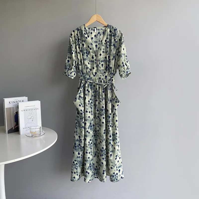 

Belt Waist V-neck Short Sleeve Dress Polka Dot Green Summer 2021 New Loose Halo Dye Long Floral Dress