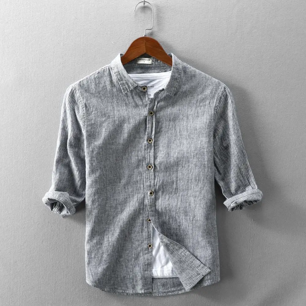 Рубашка мужская в полоску удобная блуза из мягкого хлопка и льна с рукавом три