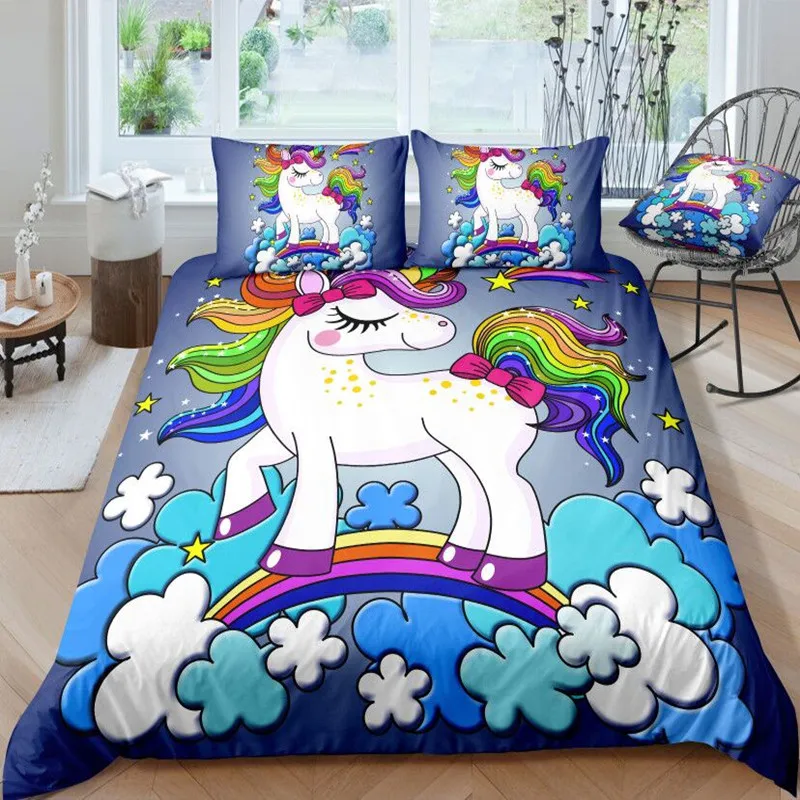 

3D Cute rainbow Unicorn Bedding Set Pillowcas Cartoon Bed Duvet Cover for Kids Adults 2/3pcsColorful Bedclothes Quilt CoverSj231