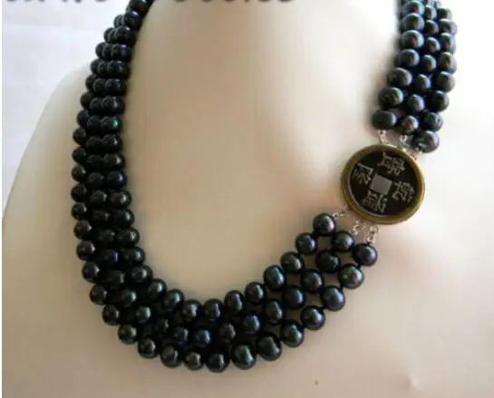 

3Strands 18'' 9MM Black Round Freshwater Pearl Necklace