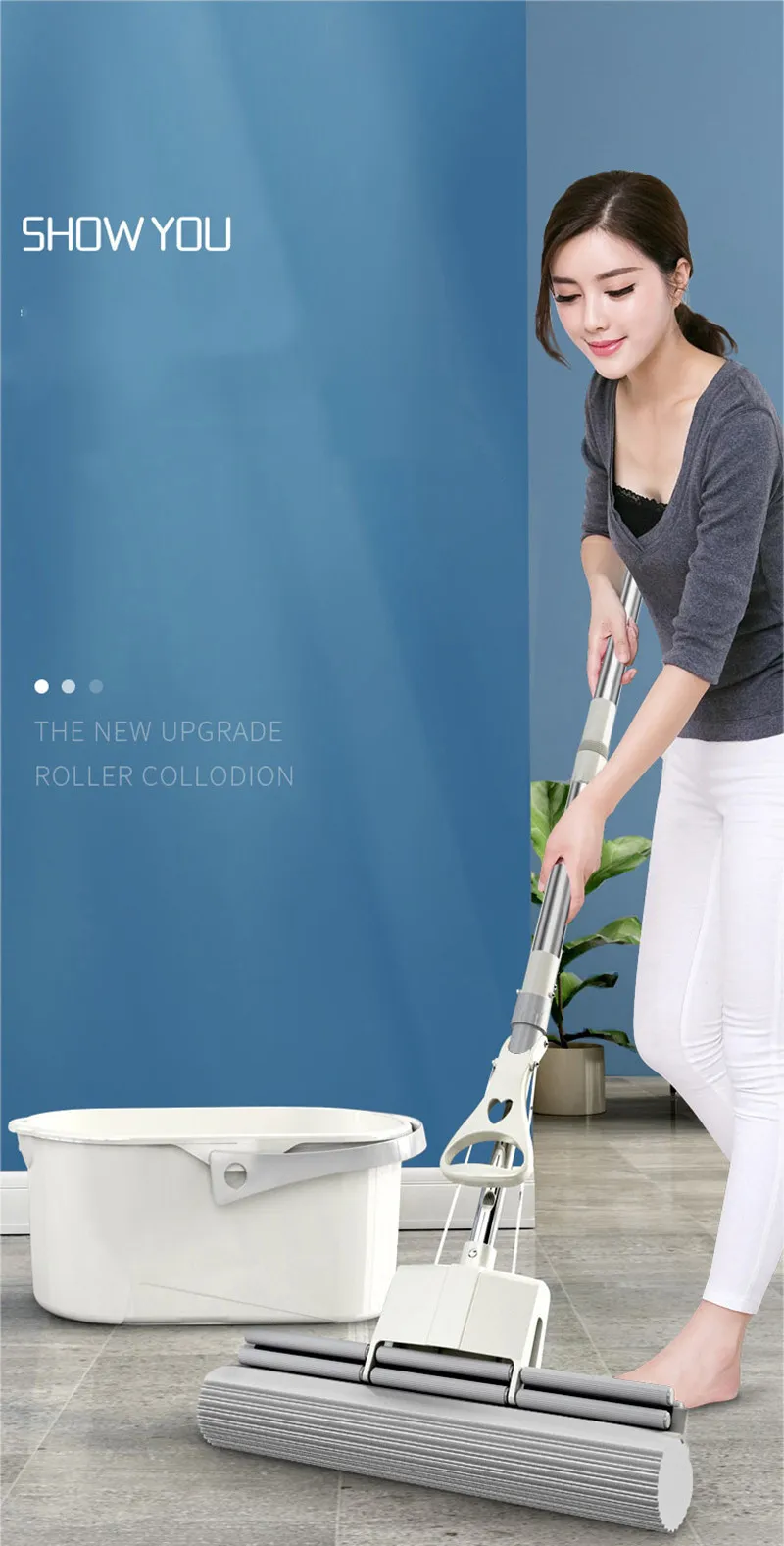 Sponge Mop Head Household Hand-free Washing Absorbent Mop Oversized Roller Type Cotton Mop Ceramic Tiles Floor Cleaning