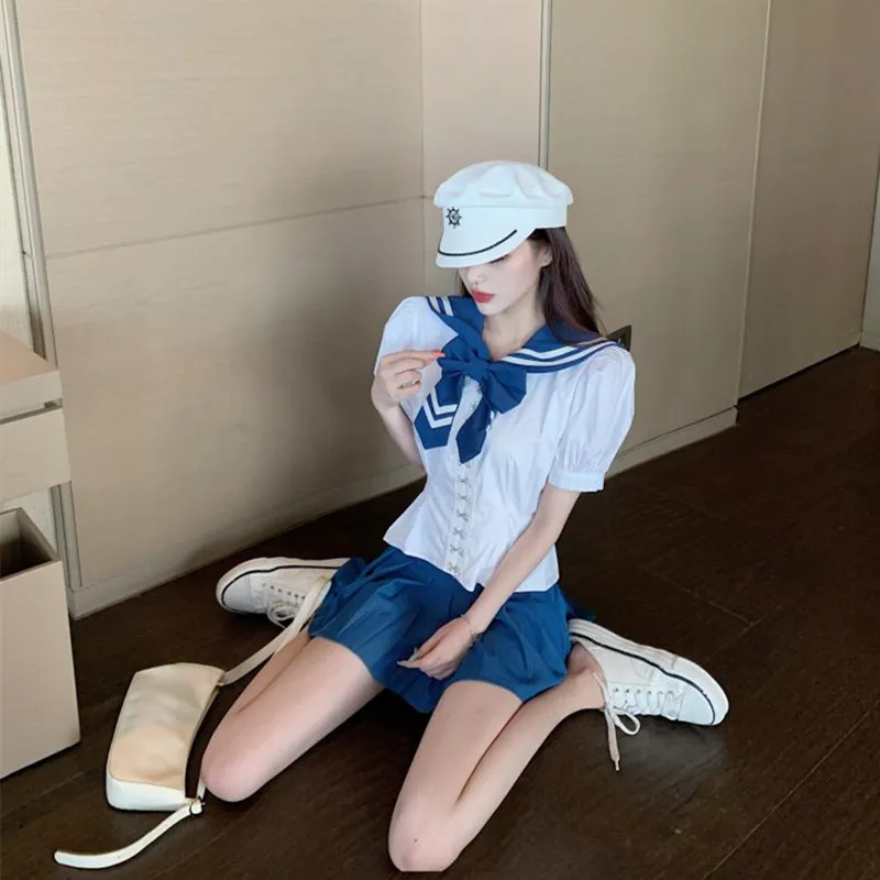 

2021 Summer New Japanese Collegiate Style Navy Collar Bow Short-Sleeved Shirt + Skirt Set Ladies JK Dress Two-Piece Dress