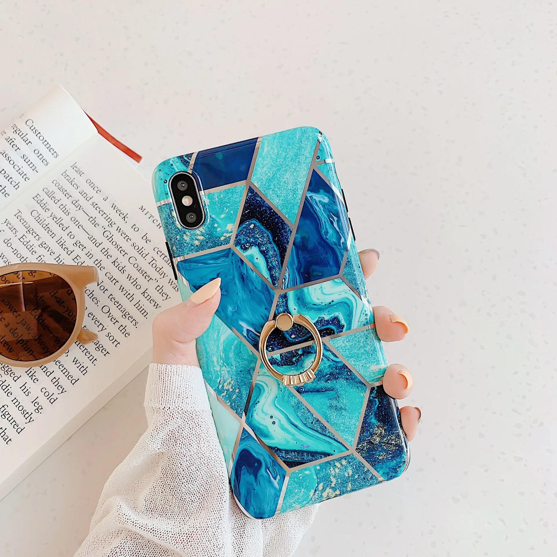 Luxury Gold Geometric Marble Phone Case for iPhone XS Max X XR 6 6s 7 8 Plus 11 Soft Silicone Diamond Ring Stand Holder Cover |