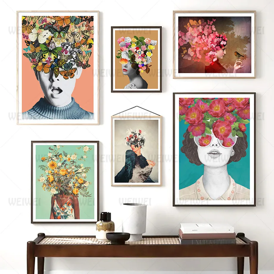 

Wall Art Canvas Painting Abstract Vintage Girl Butterfly Flower Nordic Posters and Prints Wall Pictures for Living Room Decor