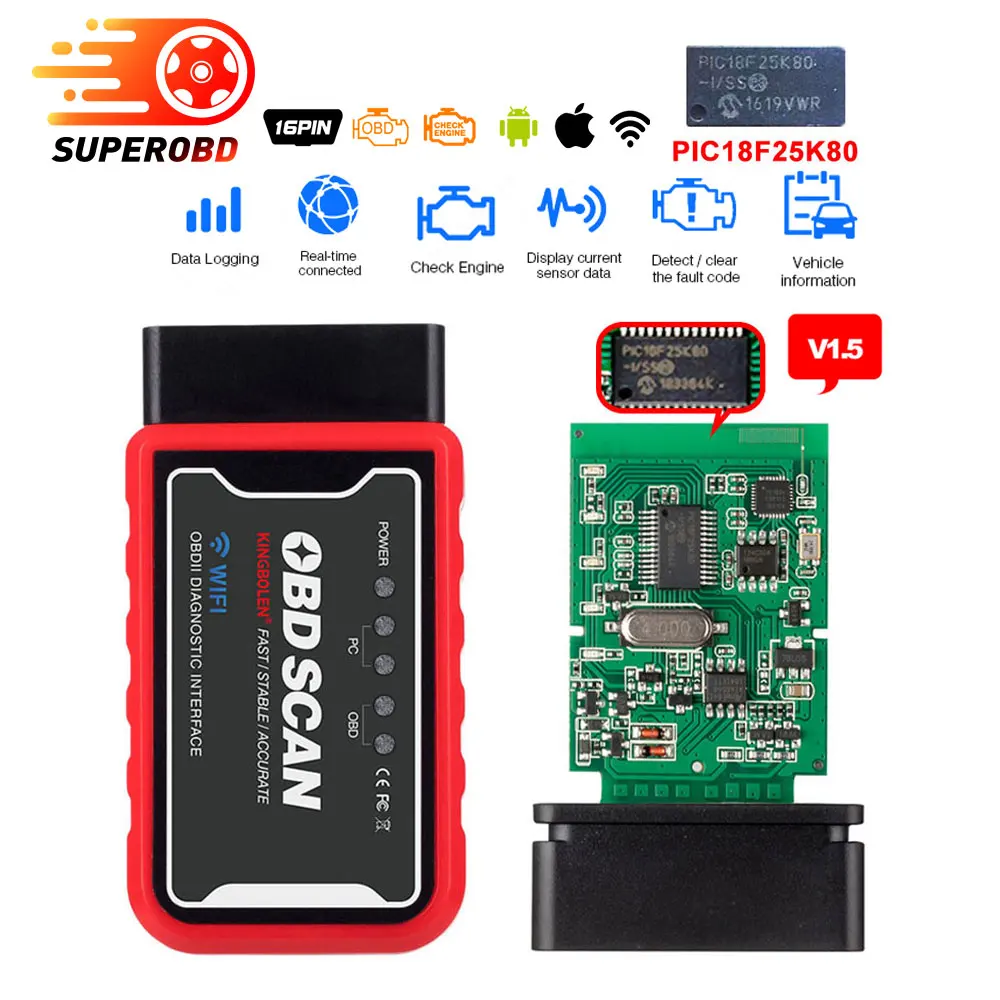 elm327 V1.5 Bluetooth/wifi OBD2 PIC18F25K80 чип-код считыватель ELM 327 OBDII V1.5 Диагностический Инструмент Дизель/бензин на Android/IOS