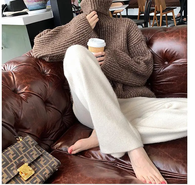 

2020 Women Autumn Winter New designer large leg floor length wool cashmere High Waist Long trousers Knit Pants